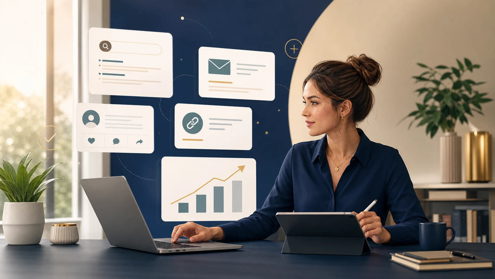 Marketing strategist planning a blog promotion campaign with search, email, social, and analytics cards