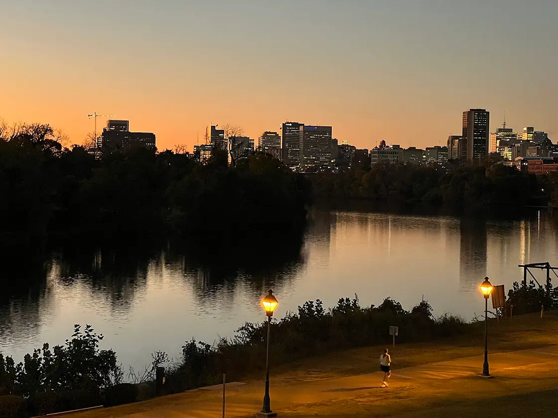 Richmond Virginia skyline over the James River at dusk